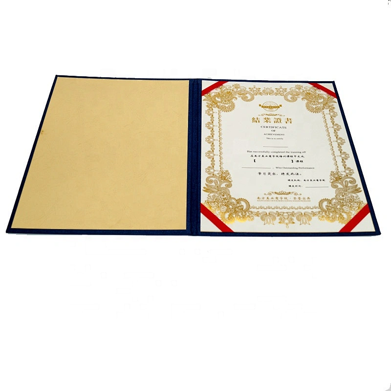 High-end Custom Blue Folding A4 Paper Certificate Holder And Diploma Frames With Gold Foil Hot Stamping And Embossing Logo