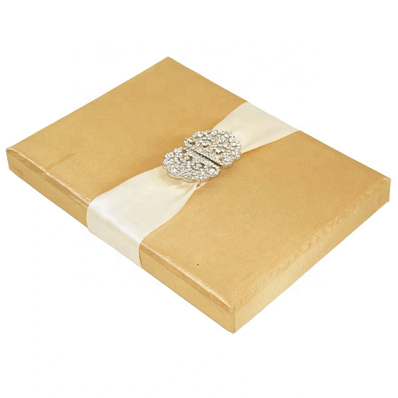 High-End Custom Gold Paper Wedding Gift Box With Decorative Silk Ribbon And Metal Buckle For Wedding Invitations