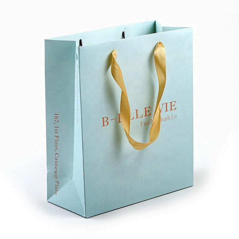 Custom Printed Logo White Brown Kraft Gift Craft Shopping Paper Bag With Ribbon Handles