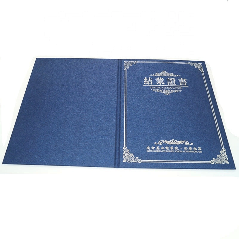 High-end Custom Blue Folding A4 Paper Certificate Holder And Diploma Frames With Gold Foil Hot Stamping And Embossing Logo