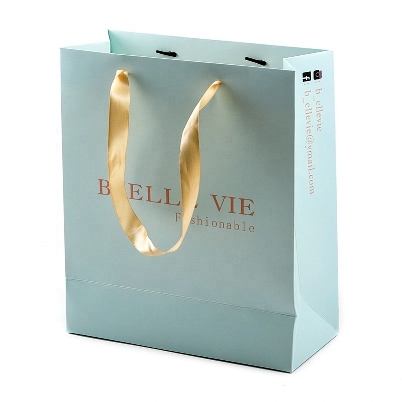 Custom Printed Logo White Brown Kraft Gift Craft Shopping Paper Bag With Ribbon Handles