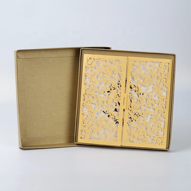 Luxury Gold Wedding Invitation Card Box With Laser Cut Greeting Card Set
