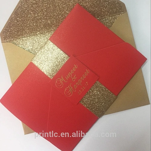 Nice Gold Glitter Foil Printing Wedding Invitations With Lined Envelope