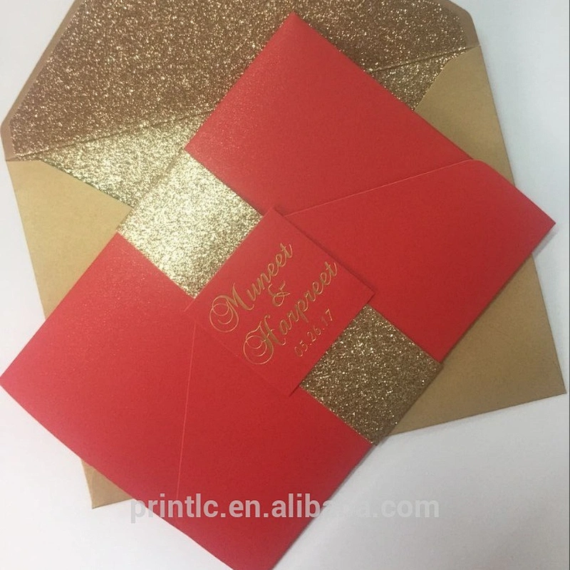 Nice Gold Glitter Foil Printing Wedding Invitations With Lined Envelope