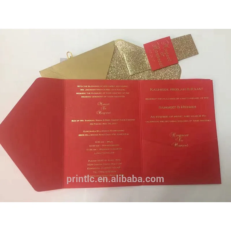 Nice Gold Glitter Foil Printing Wedding Invitations With Lined Envelope