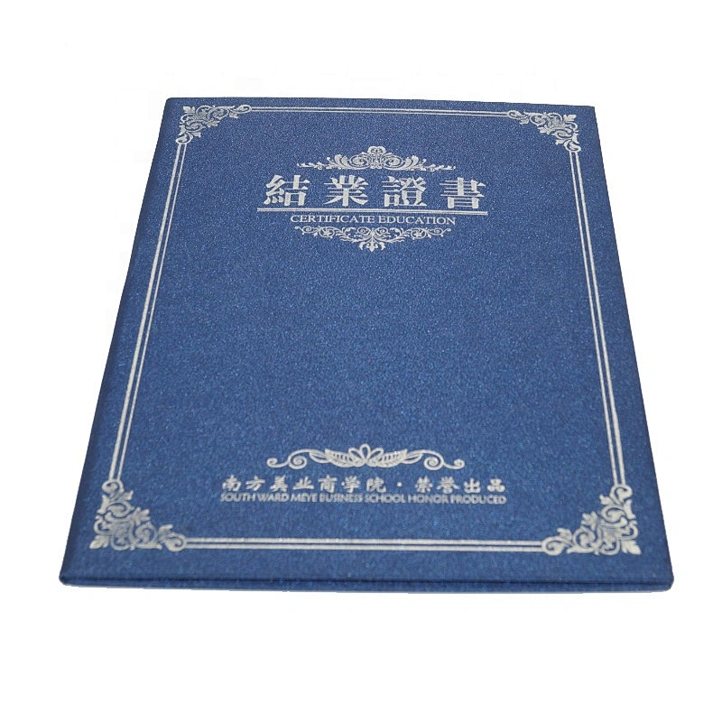 High-end Custom Blue Folding A4 Paper Certificate Holder And Diploma Frames With Gold Foil Hot Stamping And Embossing Logo