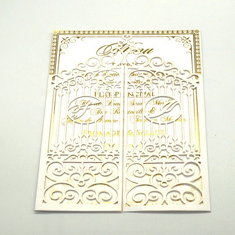 High-End Custom Elegant Laser Cut Hollow Out Ivory Greeting Card With Gold Foil Hot Stamping Wedding Invitation Card