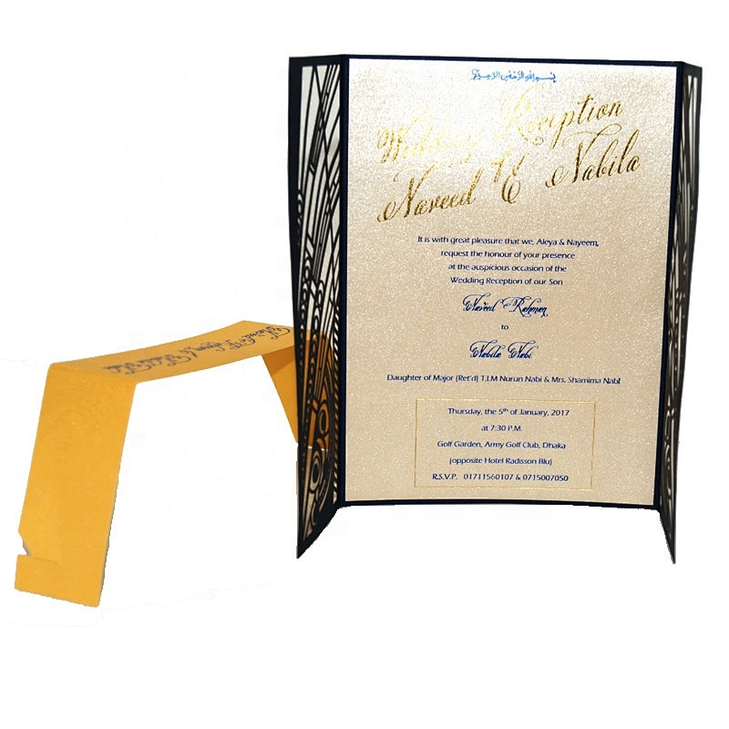 Elegant Navy Blue Cutout Decorative Motif Opening Fancy Paper Wedding Card With Gold Stamping For Wedding Invitations
