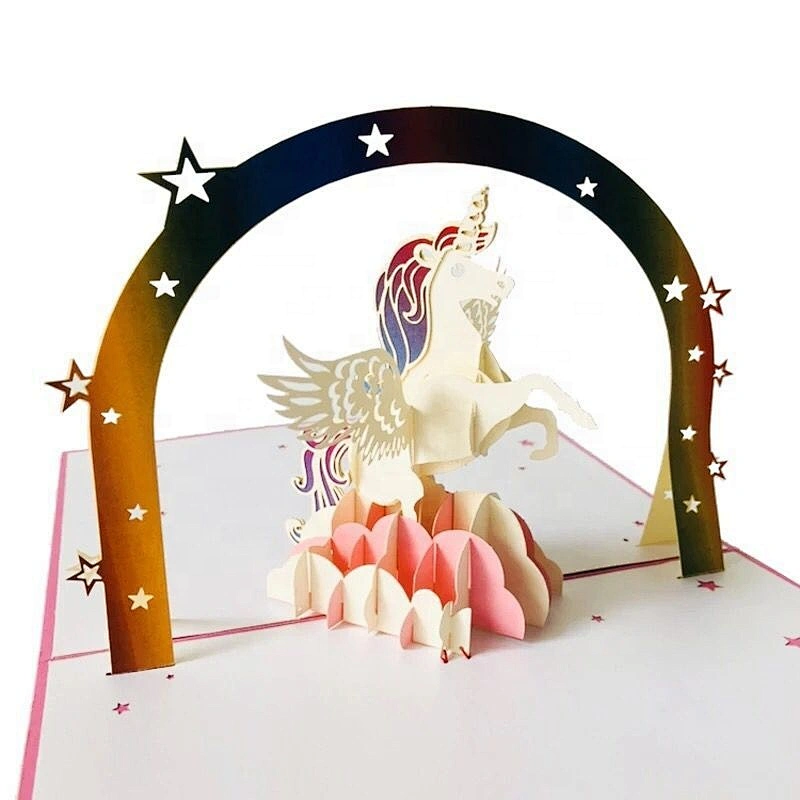 Customized Unique Full Color Printing 3D Unicorn Laser Cut Wedding Birthday Invitation Cards Sets Box 24 pcs