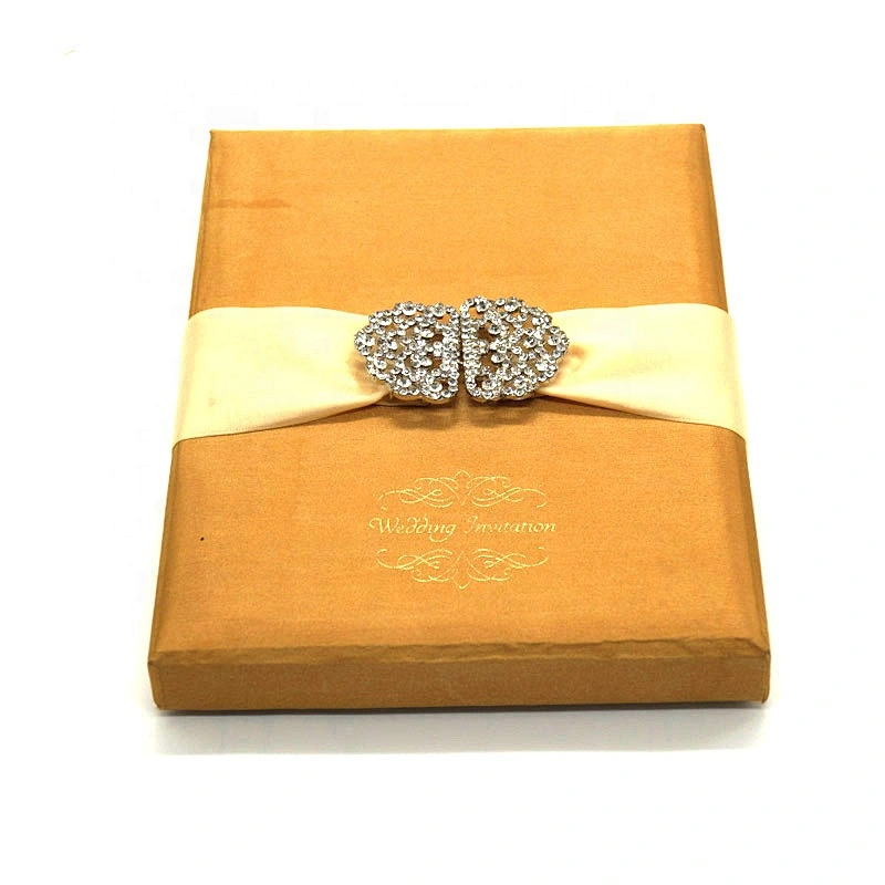 High-End Custom Gold Paper Wedding Gift Box With Decorative Silk Ribbon And Metal Buckle For Wedding Invitations