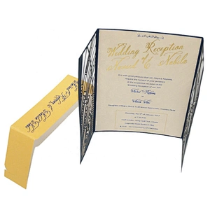 Elegant Navy Blue Cutout Decorative Motif Opening Fancy Paper Wedding Card With Gold Stamping For Wedding Invitations