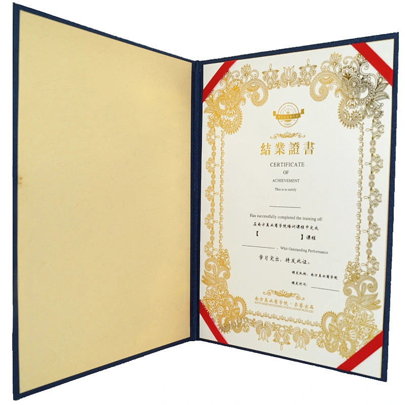 High-end Custom Blue Folding A4 Paper Certificate Holder And Diploma Frames With Gold Foil Hot Stamping And Embossing Logo