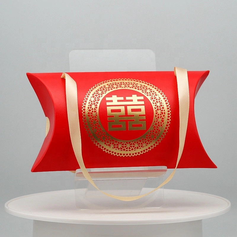 Custom Foldable Wedding fancy Paper Gift Packaging pillow boxes with ribbon handle packaging box