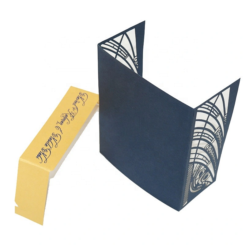 Elegant Navy Blue Cutout Decorative Motif Opening Fancy Paper Wedding Card With Gold Stamping For Wedding Invitations