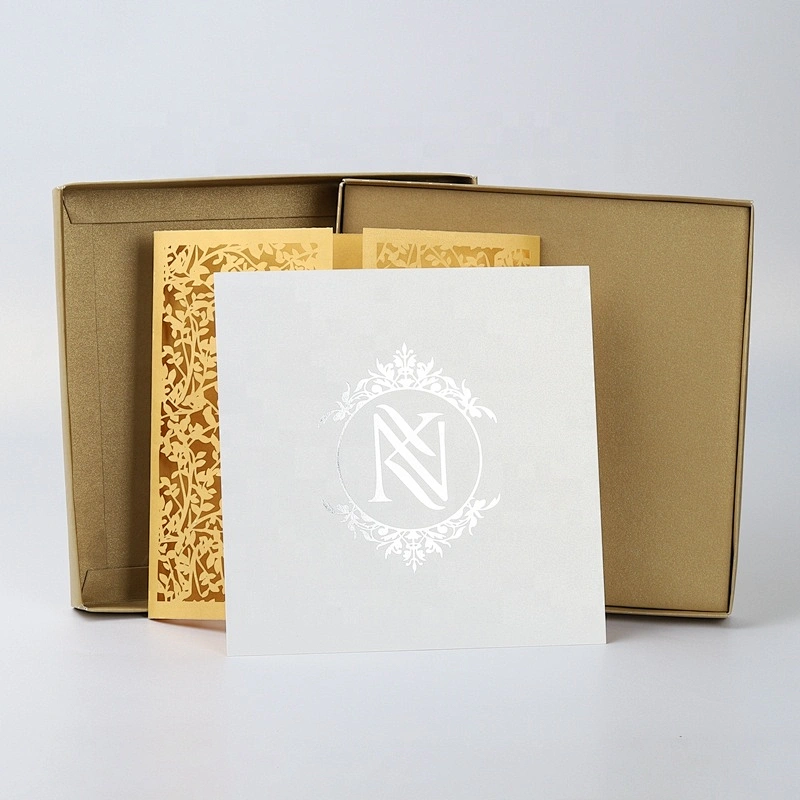 Luxury Gold Wedding Invitation Card Box With Laser Cut Greeting Card Set