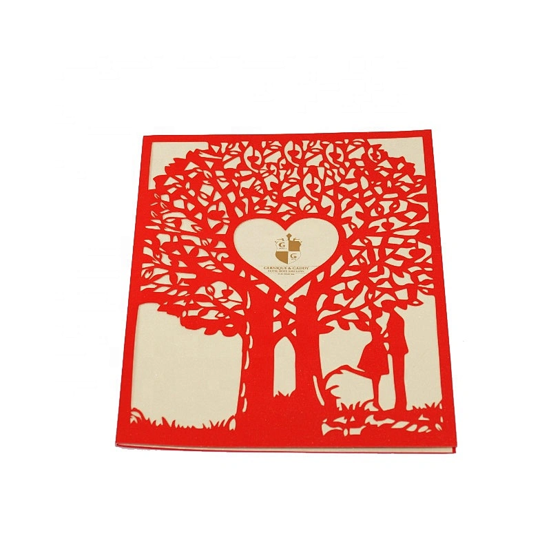 Luxury Red Love Tree Laser Cut Greeting Card Opening Gold Foil Hot Stamping Wedding Invitations