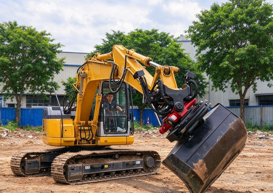 tiltrotator tilt rotator bucket attachment in continuous rotation operation on digger