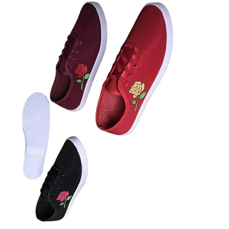 Rose design ladies lace-up slip on flat casual canvas shoes