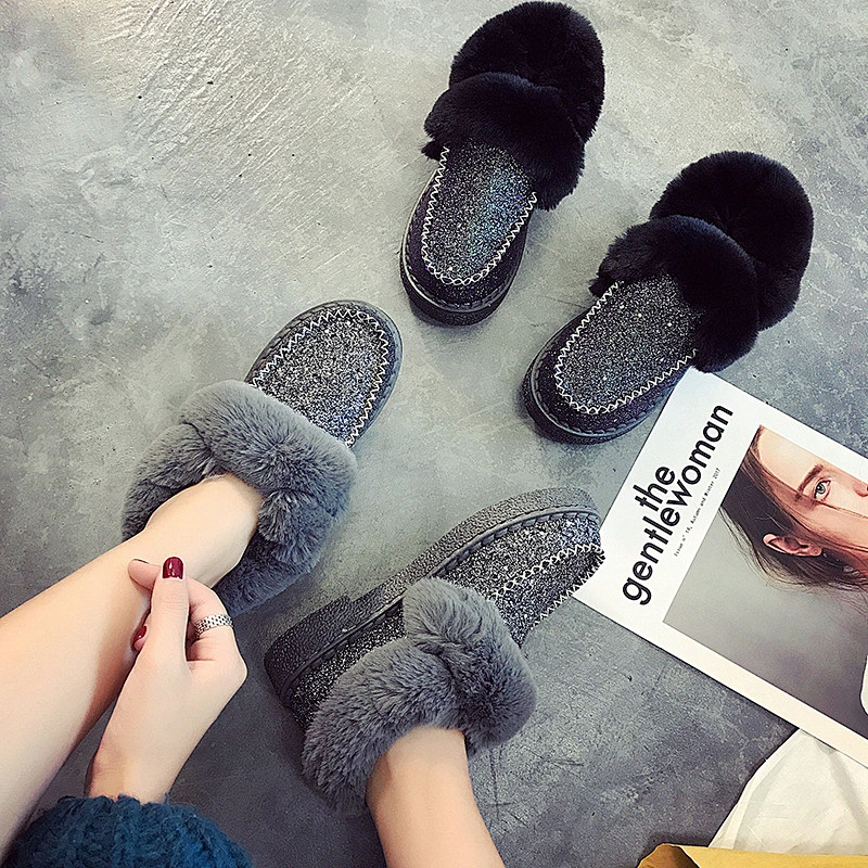 Women Casual Slip On Flat Fur Boots Winter Ladies Warm Ankle Snow Boots