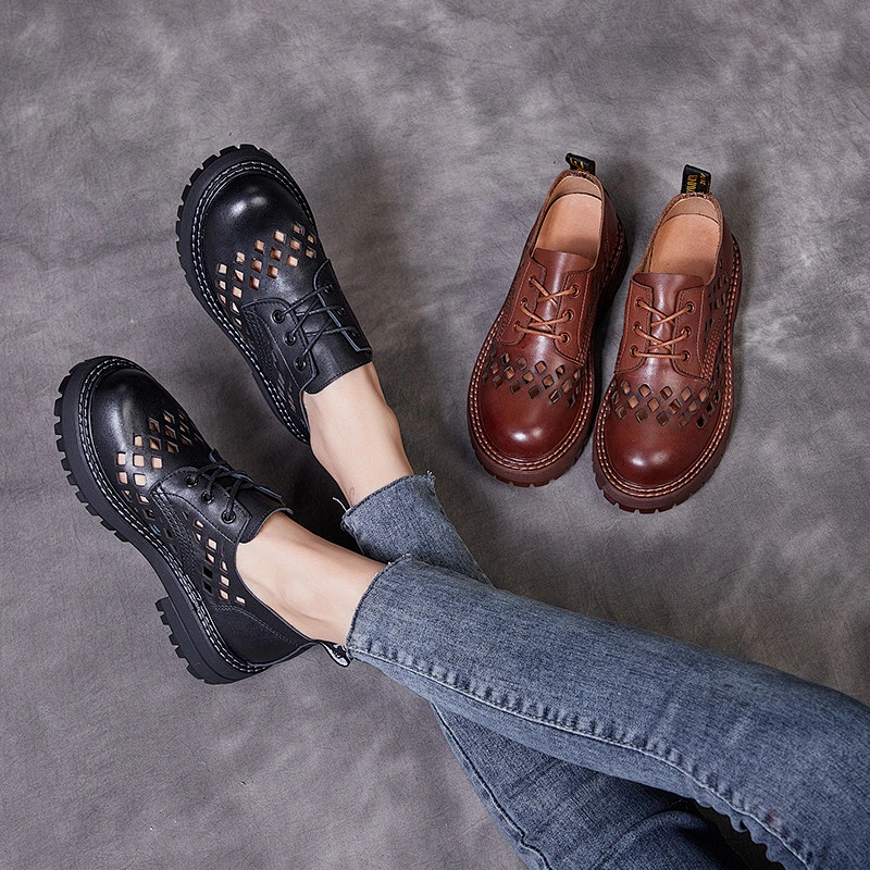 Women Leather Classic Lace Up Platform Chunky Oxfords Dress Pump Shoes