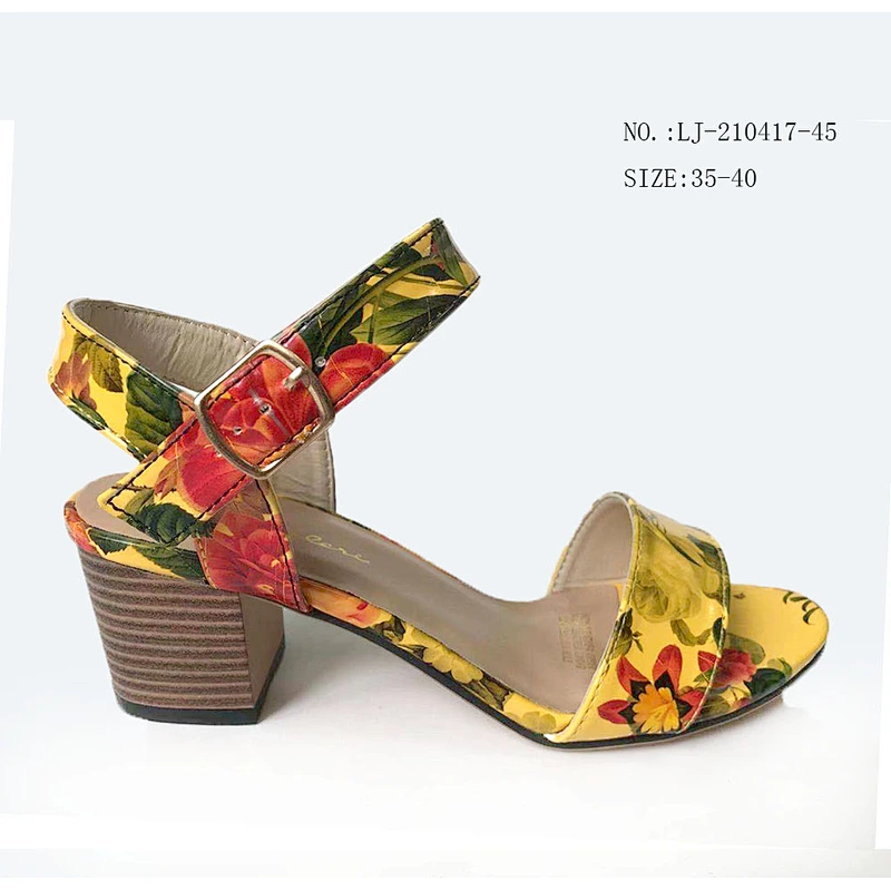 Factory OEM New design Women flower print Ankle Strap Design wedges sandals Chunky heels sandals