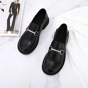 New Korean version women flat work shoes casual British style black loafers leather shoes