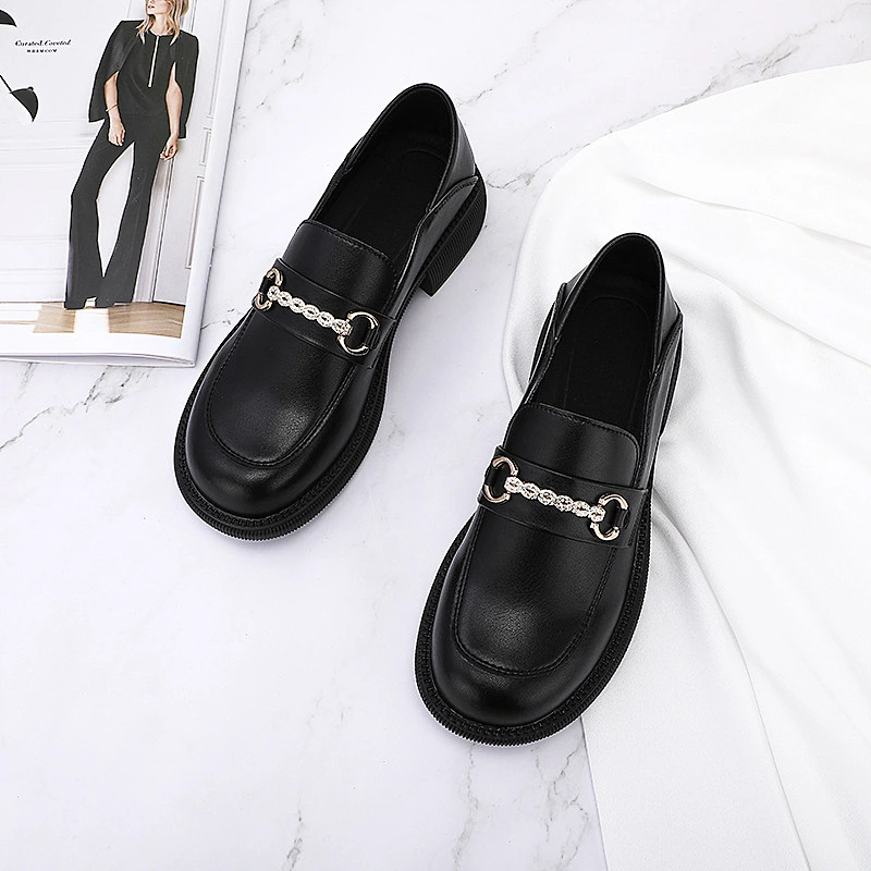 New Korean version women flat work shoes casual British style black loafers leather shoes
