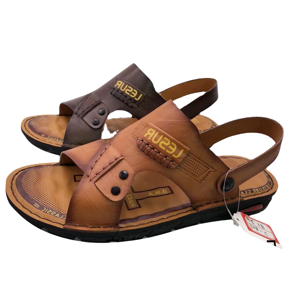 Custom Men Casual Open Toe Slip On Sandals Genuine Leather Upper Outdoor Slide Sandal