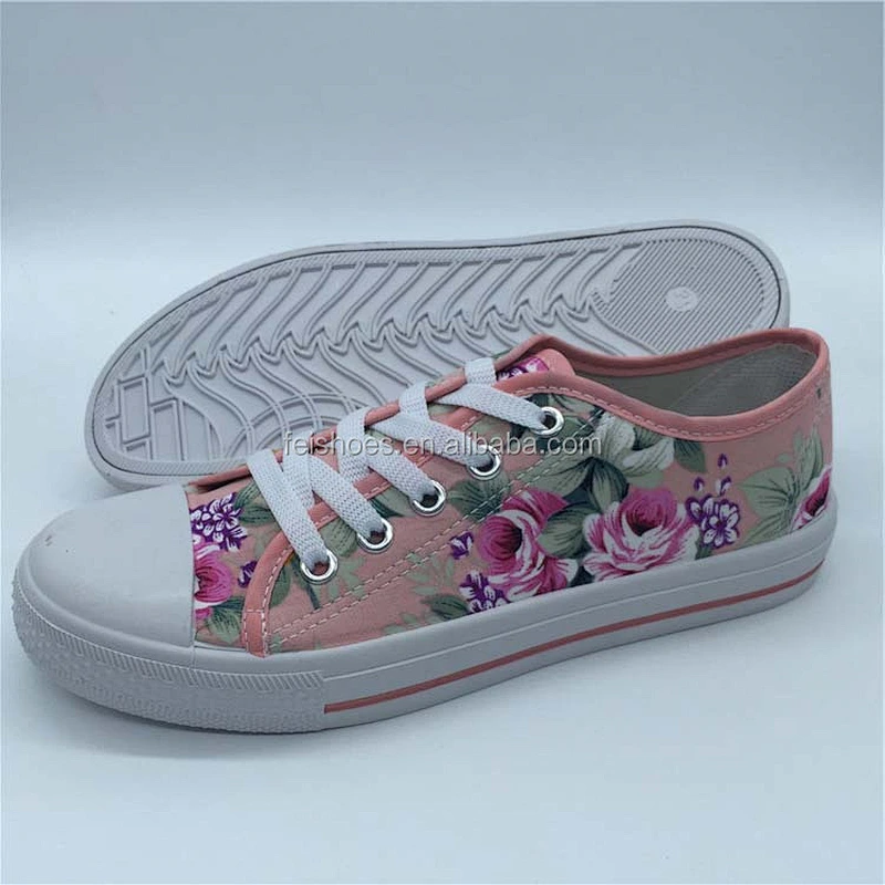 women female factory injection flat flower casual canvas custom shoes
