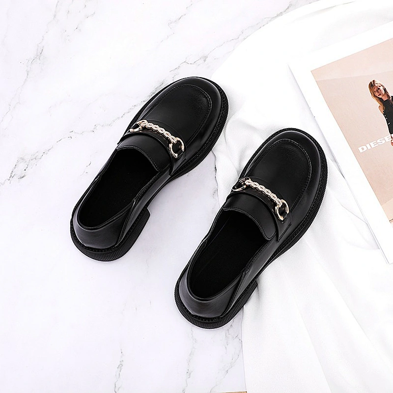 New Korean version women flat work shoes casual British style black loafers leather shoes