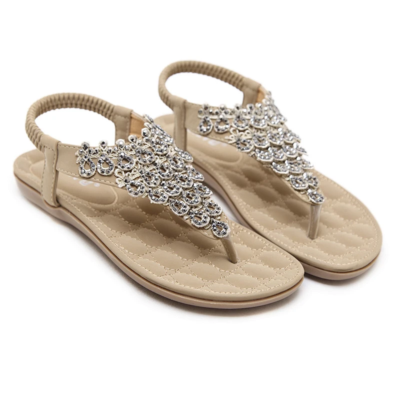 Large size lady leather sandals hardwearing glitter crystal anti-slip women sandals