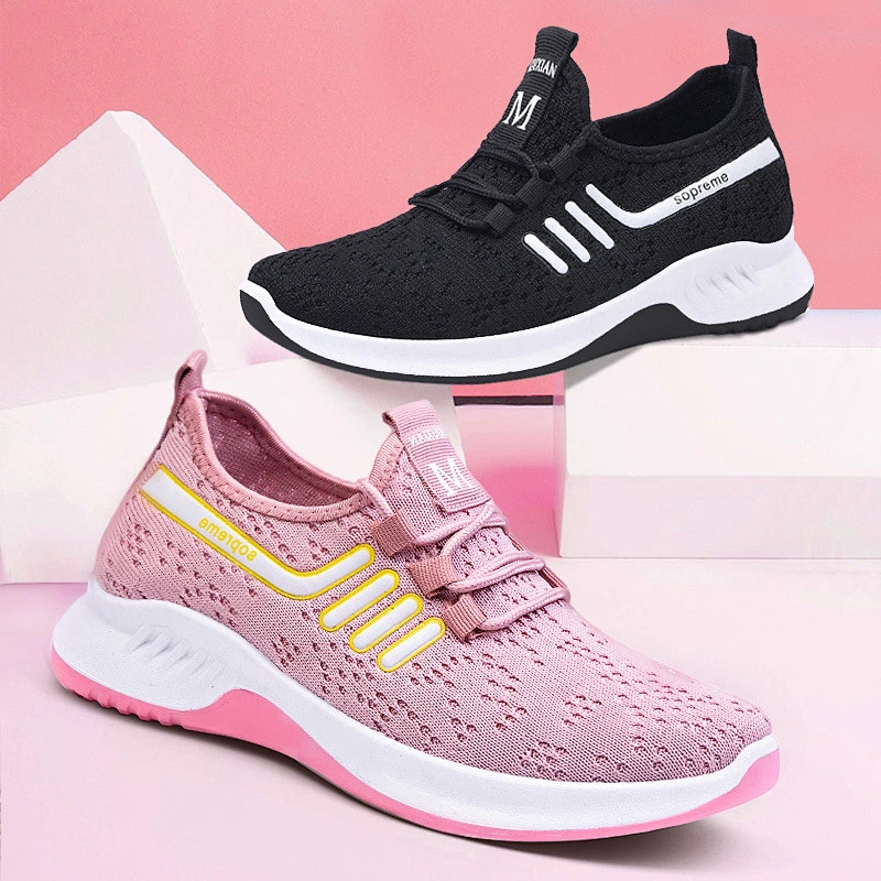 Hot sale pink black fashion stylish Casual knit mesh cushion sport shoes for women