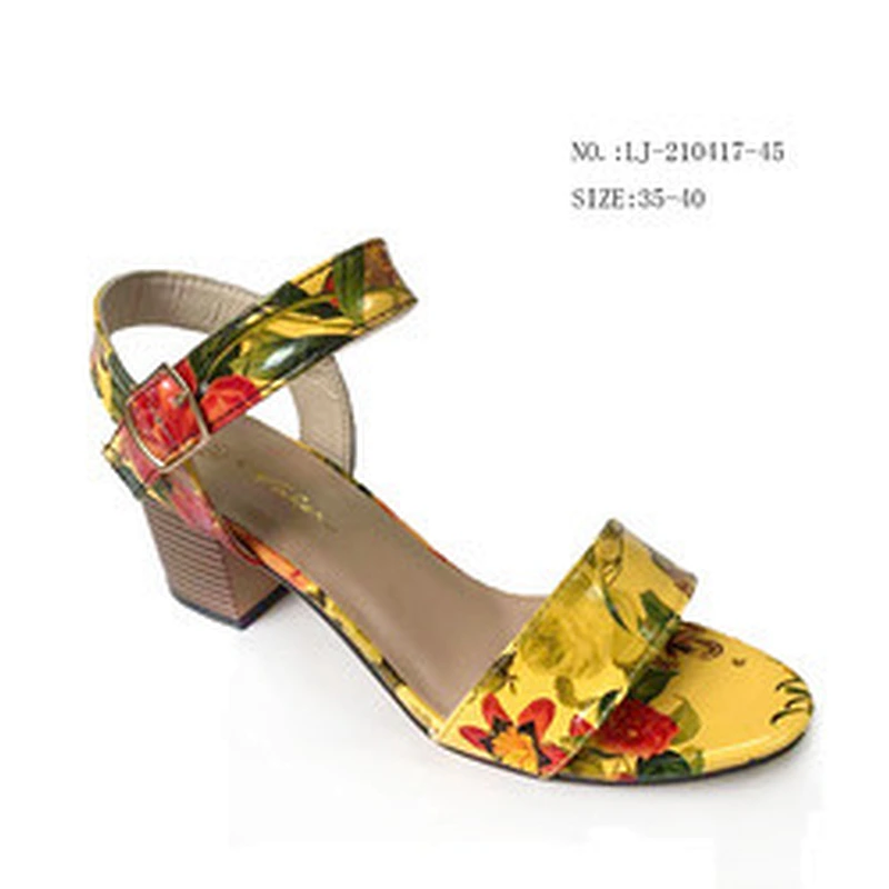 Factory OEM New design Women flower print Ankle Strap Design wedges sandals Chunky heels sandals