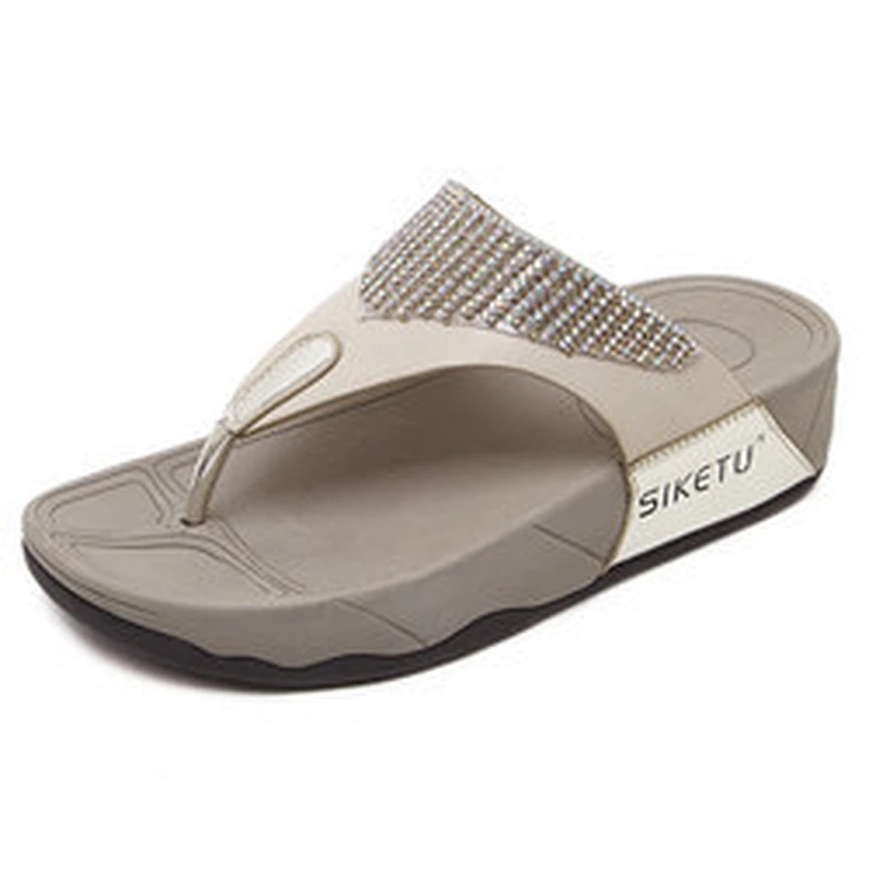 New ladies' leisure beach slippers rhinestone thick wedge women flip-flops