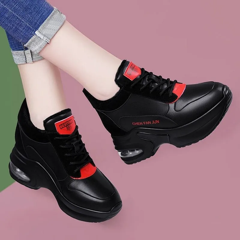 New winter increased women non-slip PU leather shoes soft sole warm sports casual dad shoes