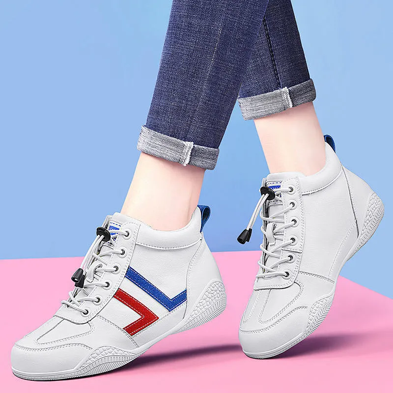 New High top comfortable leather ladies flat casual shoes breathable sneakers shoes