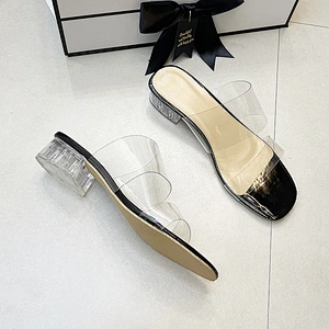 New high heels women platform Slipper transparent crystal sandals half-drag slippers