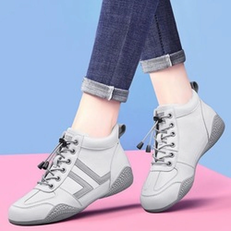New High top comfortable leather ladies flat casual shoes breathable sneakers shoes