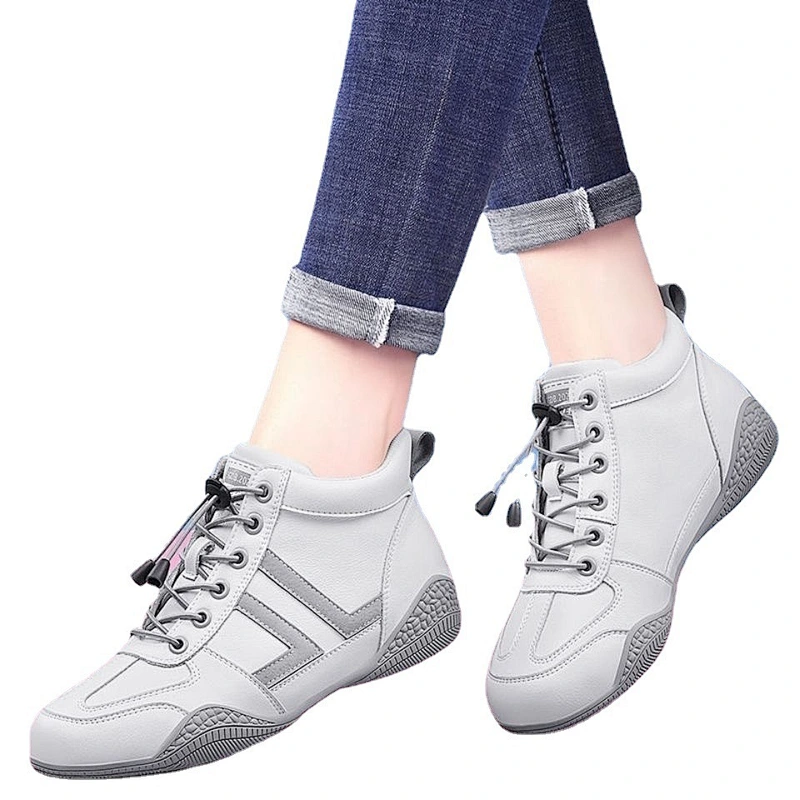New High top comfortable leather ladies flat casual shoes breathable sneakers shoes