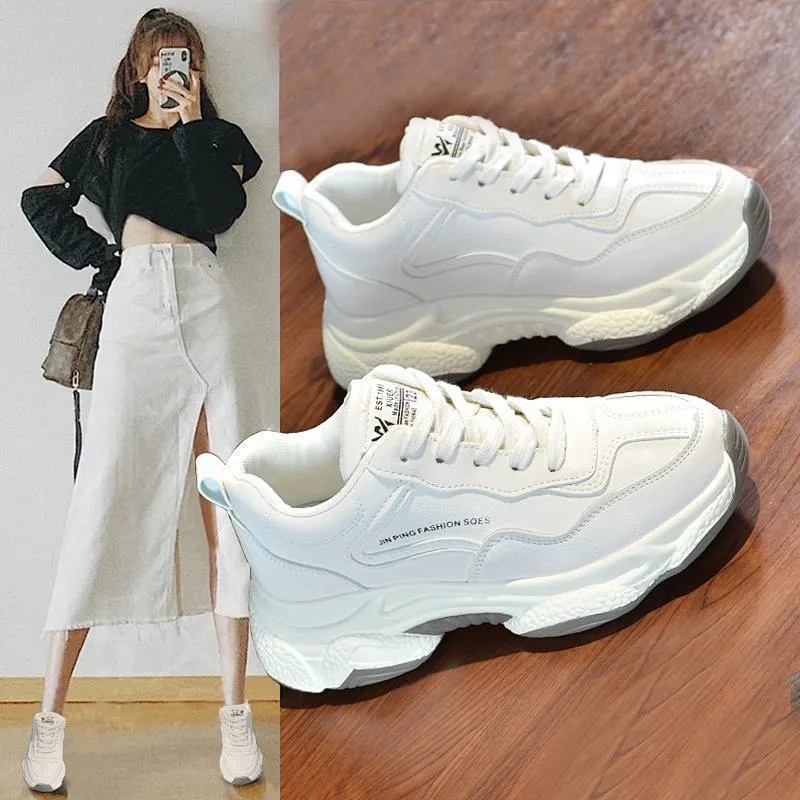 New fashion white women breathable sneakers shoes  thick soles running casual dad shoes