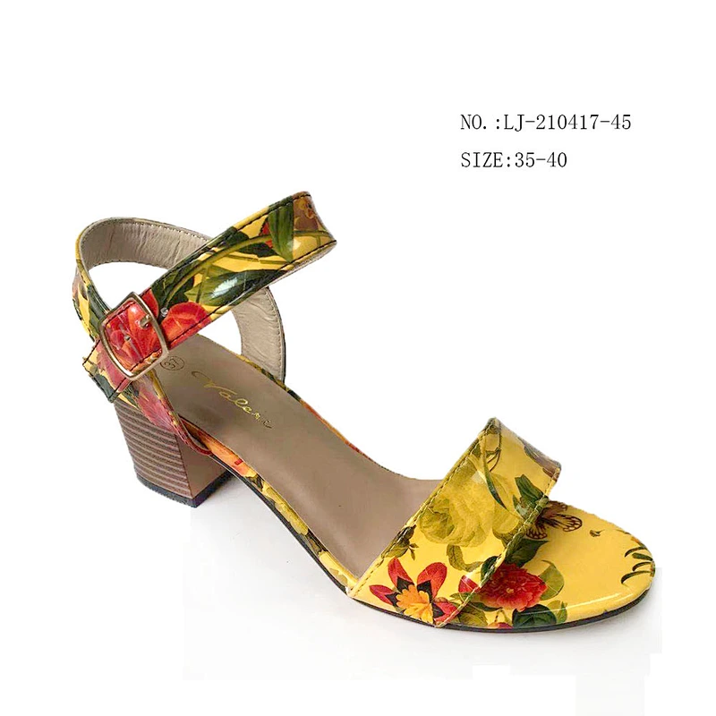 Factory OEM New design Women flower print Ankle Strap Design wedges sandals Chunky heels sandals
