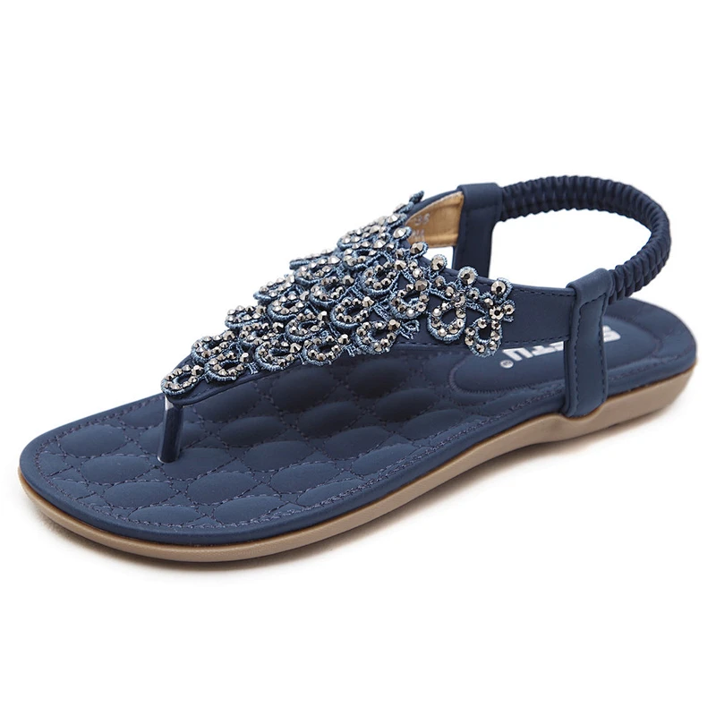 Large size lady leather sandals hardwearing glitter crystal anti-slip women sandals