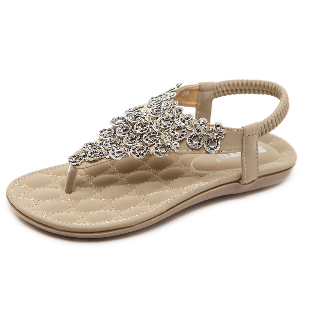 Large size lady leather sandals hardwearing glitter crystal anti-slip women sandals