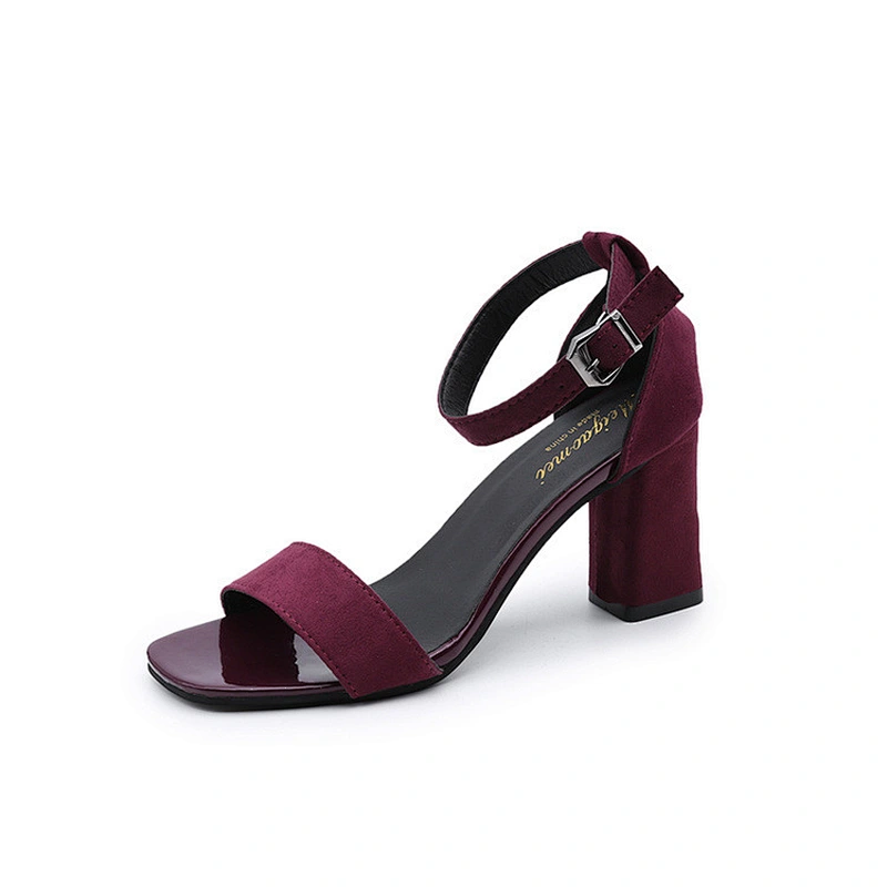 New chunky heels black women student sandals open toe one-line buckle Roman sandals