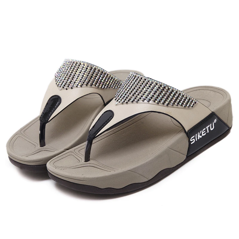 New ladies' leisure beach slippers rhinestone thick wedge women flip-flops