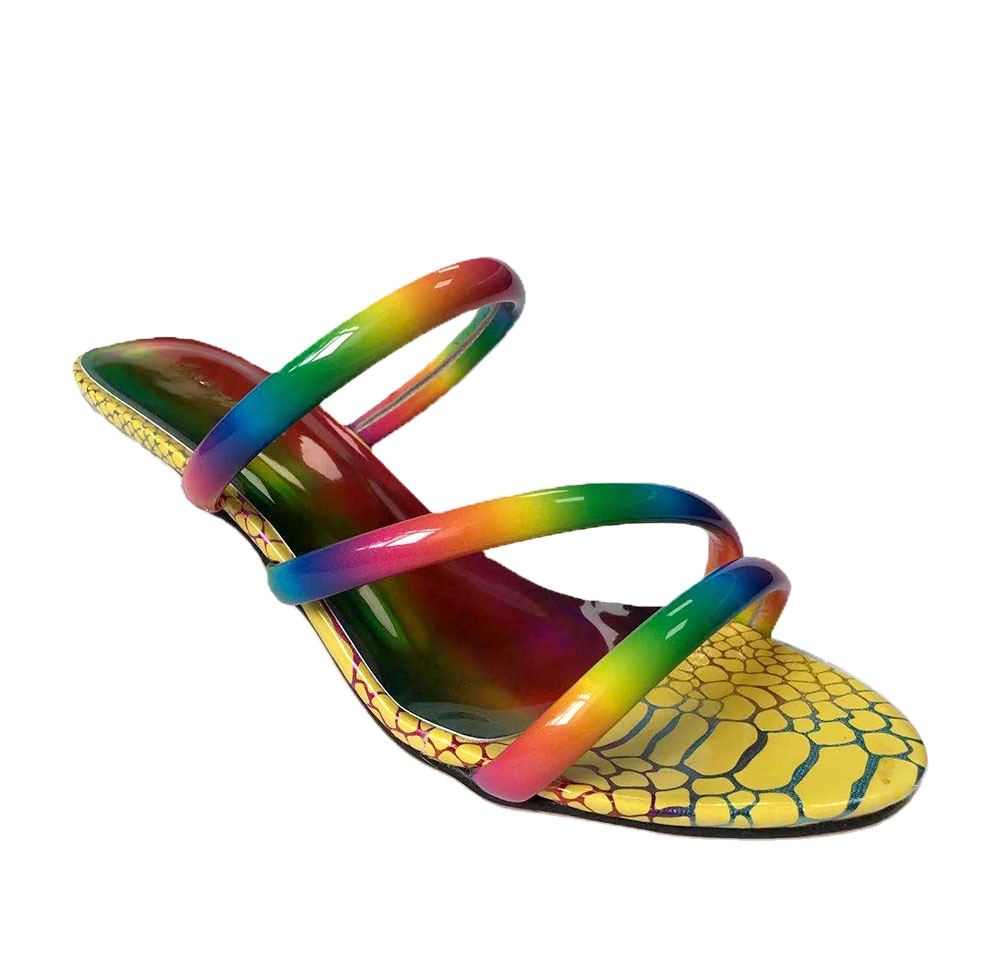 Factory OEM Factory Direct Ladies Open Toe rainbow color Chunky Heels sandals Slip On Mules Slippers