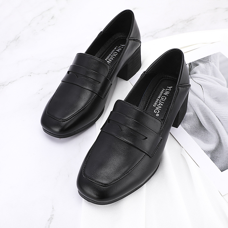 New Custom fashion women work single shoes chunky heels retro casual leather loafers shoes