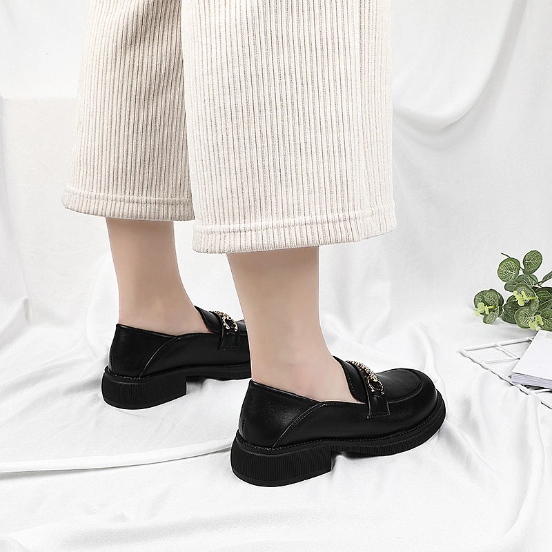 New Korean version women flat work shoes casual British style black loafers leather shoes