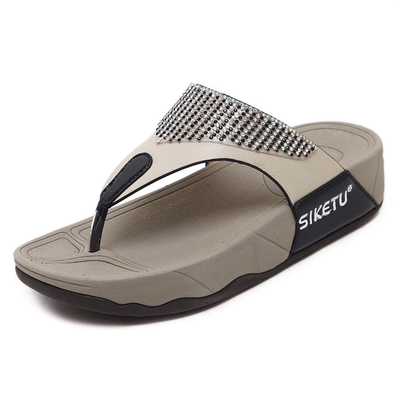 New ladies' leisure beach slippers rhinestone thick wedge women flip-flops