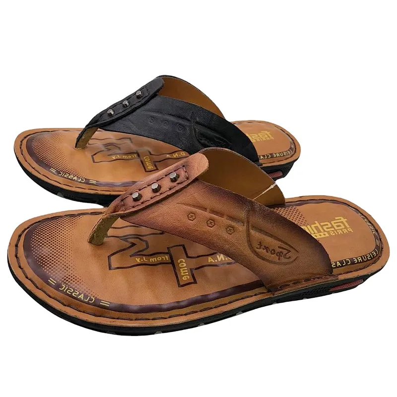 Custom Mens Genuine Leather Flip Flops Comfort Casual Summer Sandals Outdoor